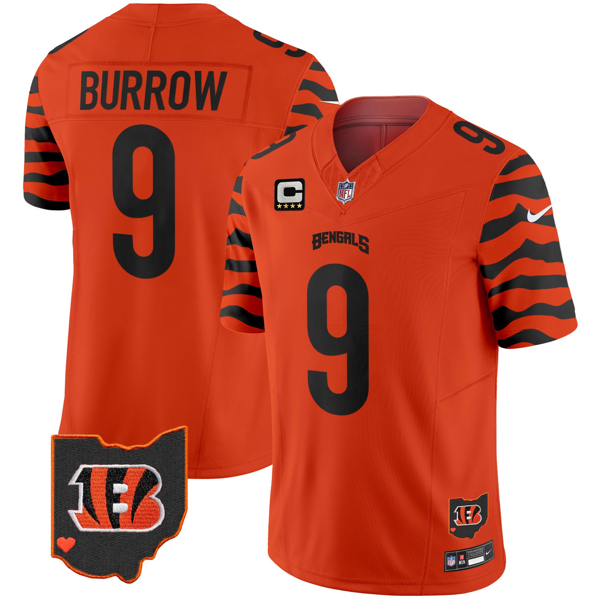 Men Cincinnati Bengals 9 Burrow Orange 2024 Nike Stripes Vapor Limited NFL Jersey